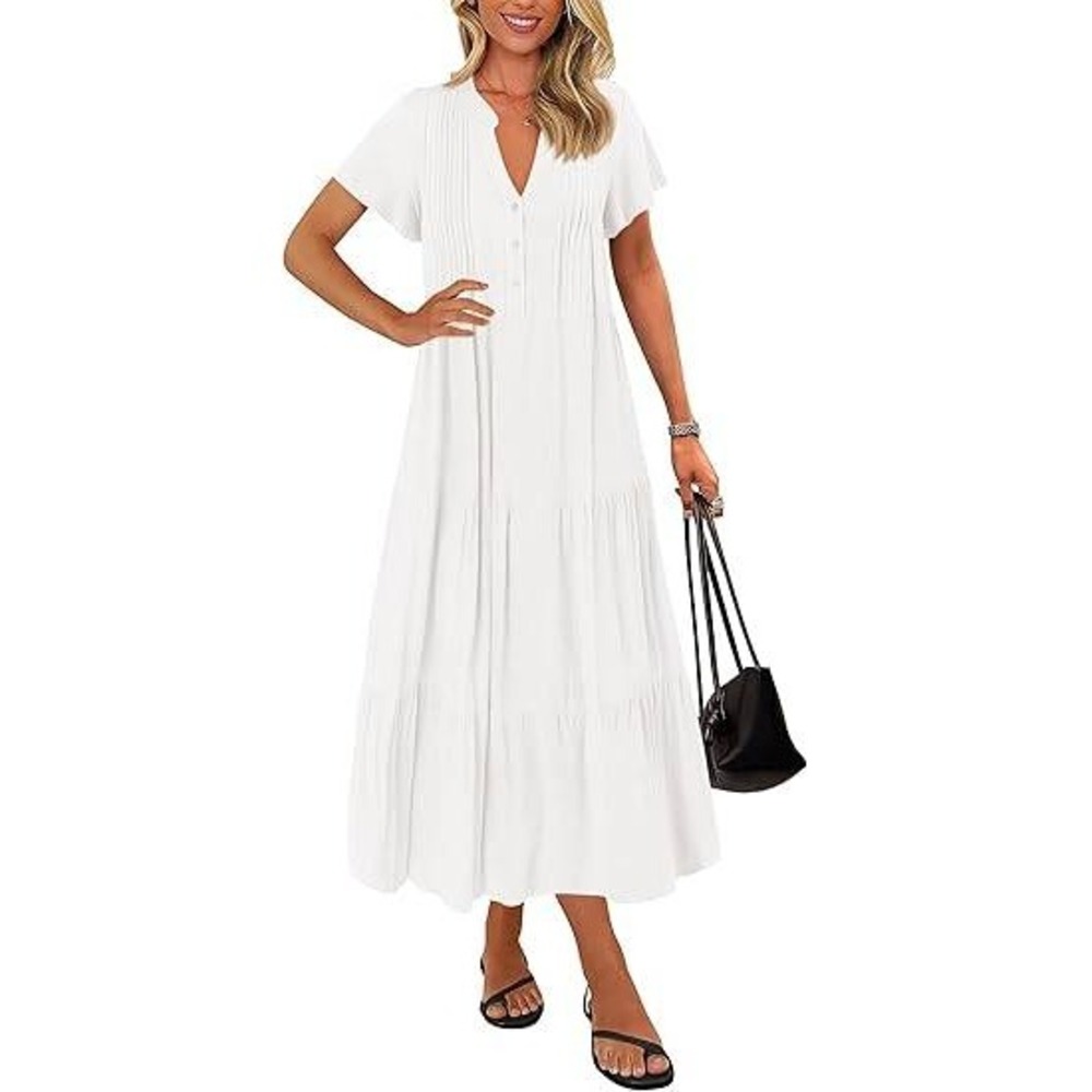 MSRP $53 KIRUNDO Women's White L Summer Maxi Dresses Spring Fashion Short Slee
